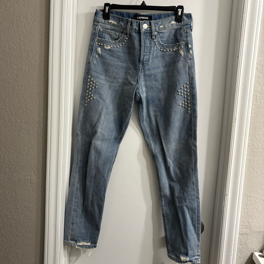 Express Women's Light Blue Cropped Jeans with Stud Accents